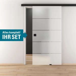 Glasschiebetür-Set Nova 503 Black mit Softeinzug und Griffmuschel, 190 cm, im geöffneten Zustand.