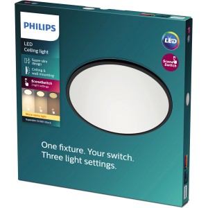 Verpackung des schwarzen Philips LED-Panel Superslim SceneSwitch mit 3 Helligkeitsstufen.