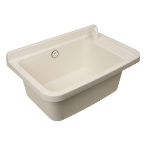 Sanitop-Wingenroth Ausgussbecken, 59 cm, Kunststoff, weiß, mit Seifenspender und Ablage.