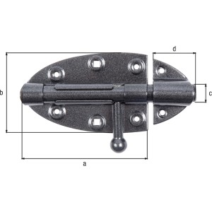 Duravis Bolzenriegel in Schwarz-Diamant Duplexbeschichtung mit Maßangaben.