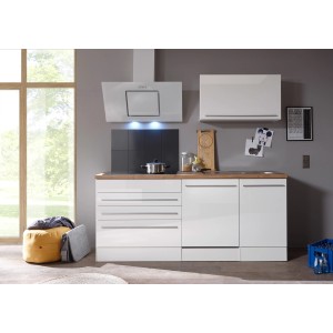 Respekta Premium Küchenzeile BERP320HWWC, 320 cm, Weiß Hochglanz mit E-Geräten.