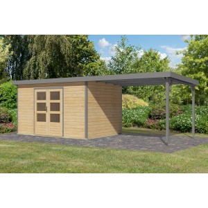 Karibu Gartenhaus Domingo 7 A mit Anbaudach, naturbelassen/grau, 219x360x240 cm.