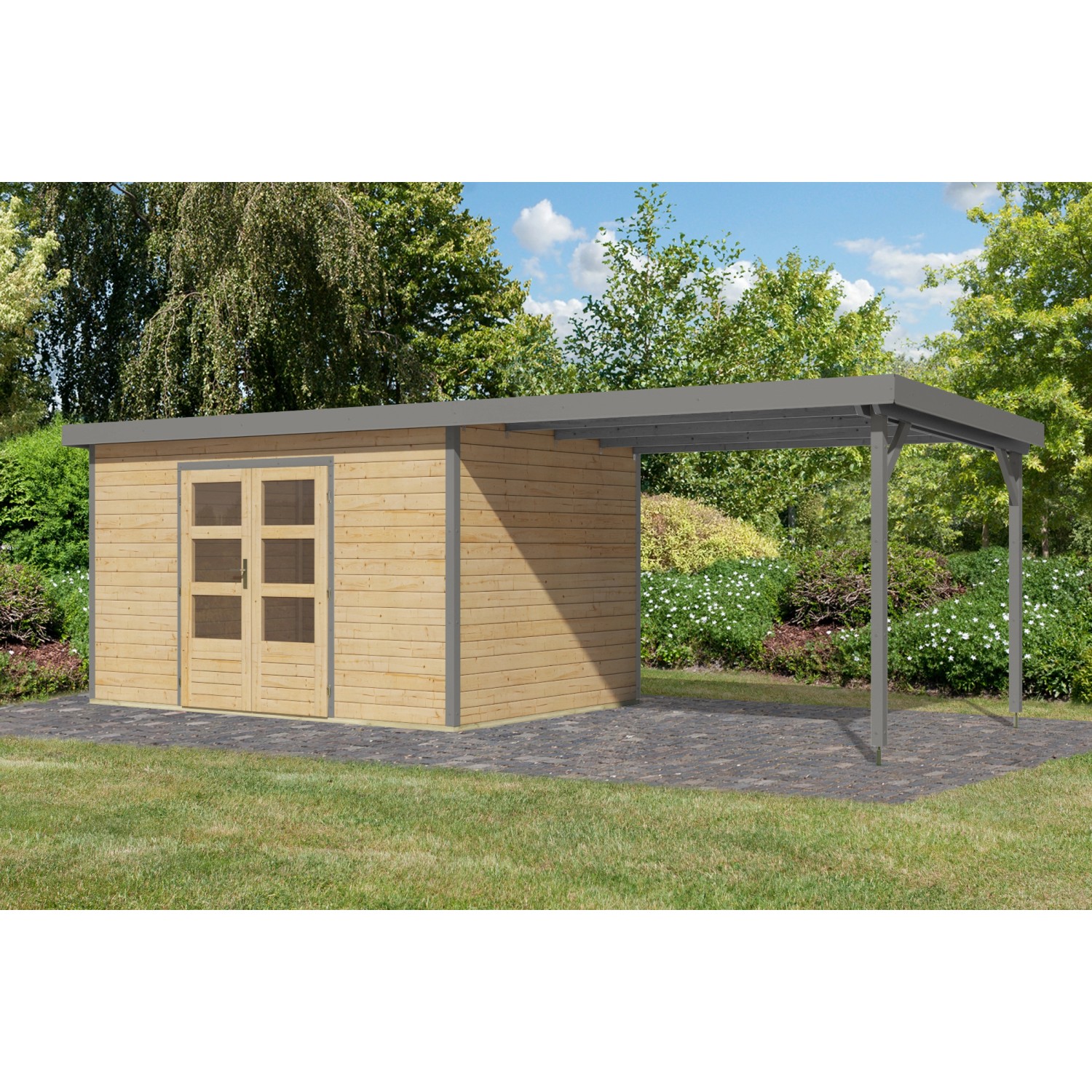 Karibu Gartenhaus Domingo 7 A mit Anbaudach, naturbelassen/grau, 219x360x240 cm.