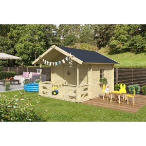 Lasita Maja Kinderspielhaus Lido Natur aus Holz mit dunklem Dach und Terrasse im Garten. Perfekt für Kinder.