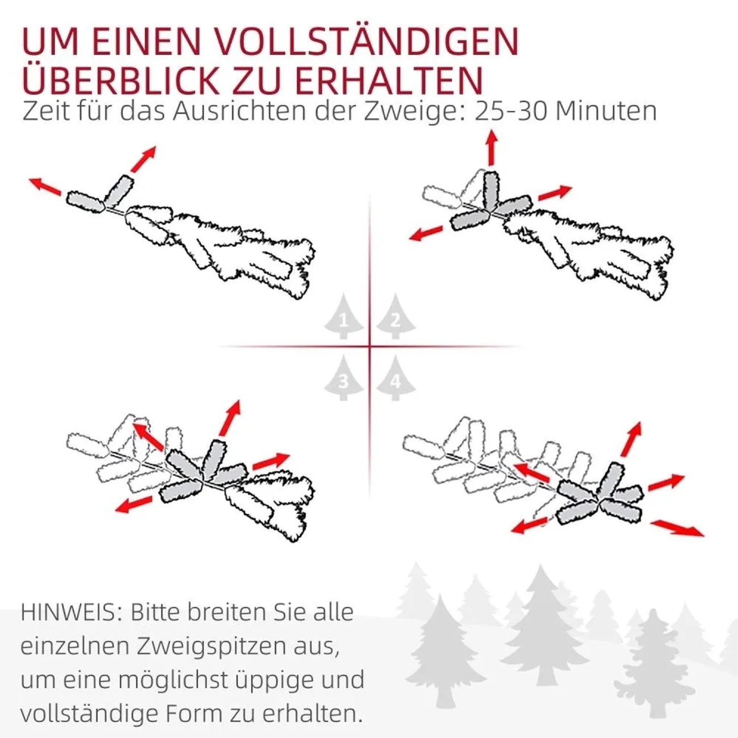 Anleitung zum Ausrichten der Zweige des Weihnachtsbaums für eine volle, üppige Form. Schneller Aufbau der Weihnachtsdekoration.