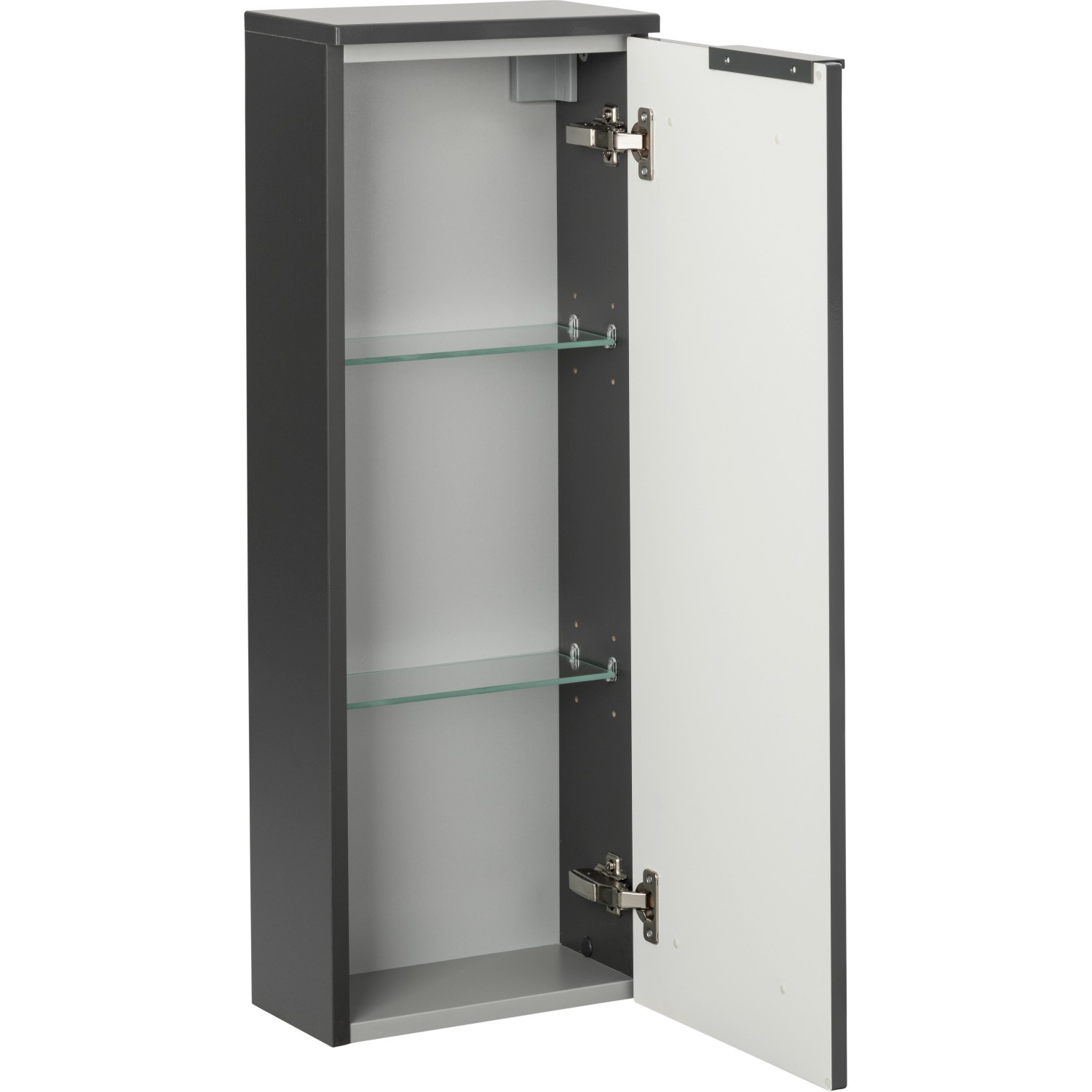 Fackelmann Bad-Hochschrank Luna, anthrazit matt, mit offenen Tür und Glasböden.