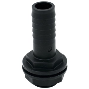 Schwarze Tankdurchführung 33,3 mm mit Schlauchtülle 25 mm für Regentonnen und Wassertanks.