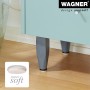 Graue Wagner Möbelbeine Wood V2 aus Kieferholz unter einem hellblauen Möbelstück.