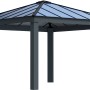 Anthrazitfarbener Palram Canopia Dallas Gartenpavillon mit Walmdach und Aluminiumrahmen.
