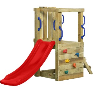 SwingKing Spielturm Irma Small mit roter Rutsche, Kletterwand und blauen Griffen.