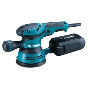 Makita Exzenterschleifer BO5041, blaue Schleifmaschine mit Staubbeutel für effizientes Schleifen.