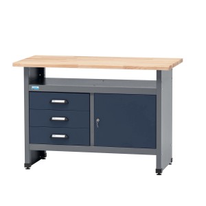 Küpper Werkbank mit Tür und 3 Schubladen, dunkelblau, Buchenholzplatte, ideal für Werkstatt & Hobby.