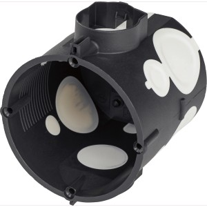 Schwarze Gerätedose, 68mm tief, mit weißer Membran und 4 Schraubdomen für Unterputzmontage.