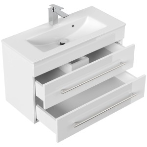 Posseik Badmöbel Portus 800 SlimLine, weiß hochglanz, mit Waschbecken und zwei offenen Schubladen.