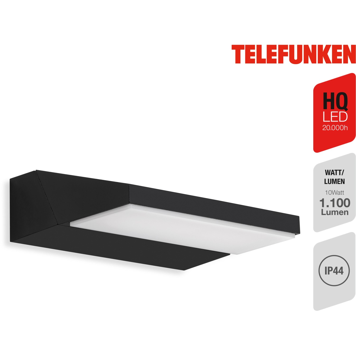 Schwarze Telefunken LED-Außenleuchte Bergen, 10W, neutralweißes Licht für die Wandmontage.