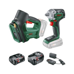 Bosch 18V Akku-Drehschlagschrauber & Universalpumpe Set, grün-schwarz, mit zwei Akkus & Ladegerät. Akkugeräte.