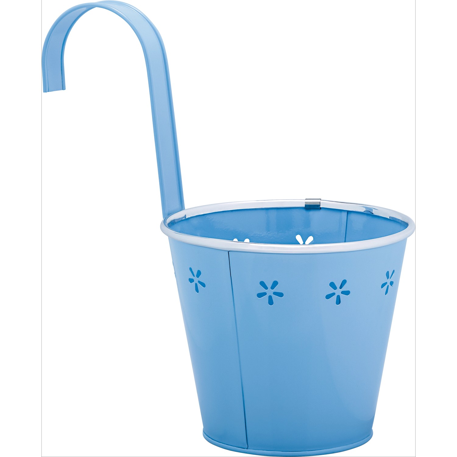 Blauer Hänge-Übertopf aus Metall mit Blumenmuster für Balkon und Terrasse.