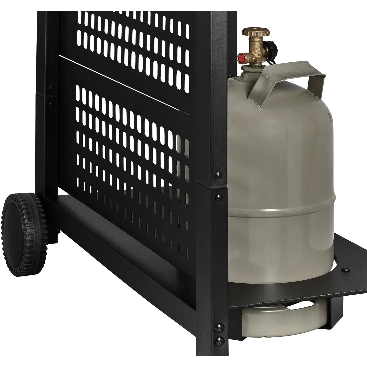 Detailaufnahme: Schwarzer Enders Gasgrill San Diego Next 4 mit Gasflasche im Unterschrank.