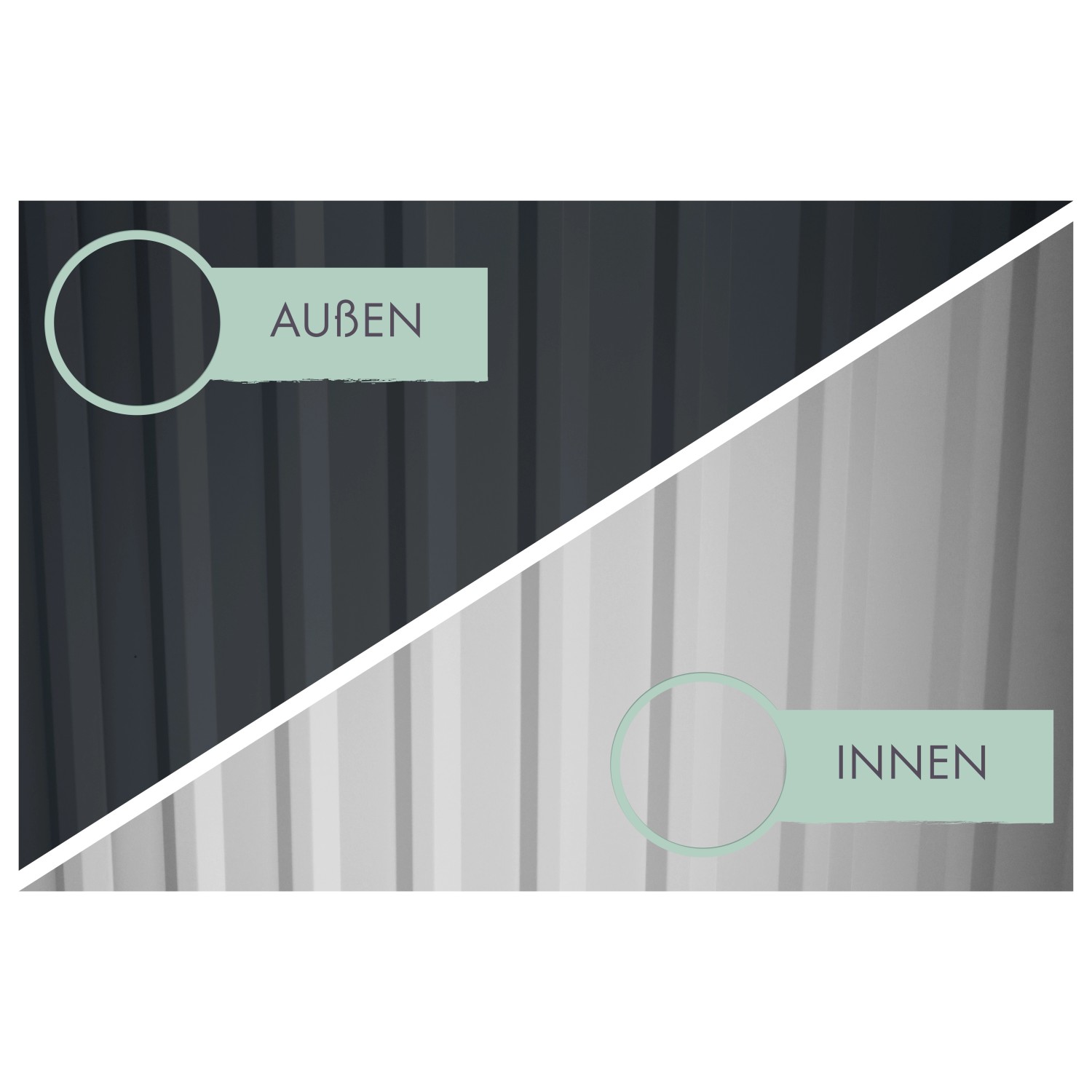 Karibu Gartenhaus Amato: Außenansicht in Anthrazit, Innenansicht hellgrau. Gerätehaus Detail.