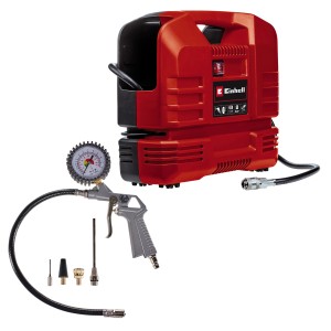 Einhell Koffer-Kompressor TC-AC 190 Ölfrei Set mit Reifenfüller, Ausblaspistole und Adaptern.