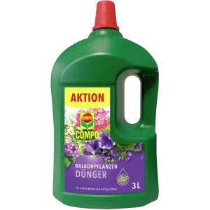 Grüne 3L Flasche Compo Balkonpflanzendünger für üppige Blüten.