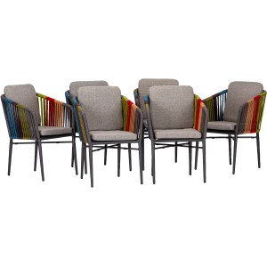 Set aus 6 anthrazitfarbenen Acamp Manhattan Gartenstühlen mit bunten Polyesterschnüren und grauen Kissen.