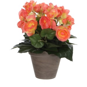 Kunstblume Begonie in Lachs im Terrakotta-Topf, 30cm hoch.