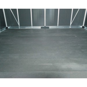 Innenansicht Palram Yukon Gerätehaus, anthrazitfarbener Boden, Metallstruktur.