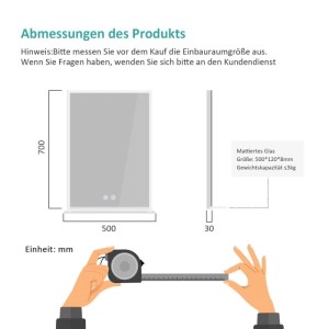Technische Zeichnung des Emke Badspiegels mit Ablage und Kaltweiß-Beleuchtung. Maße 50x70 cm, Tiefe 30 mm, Touch-Bedienung.