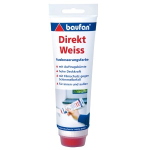 Tube Baufan Direkt-Weiss Ausbesserungsfarbe mit integrierter Bürste für kleine Reparaturen.