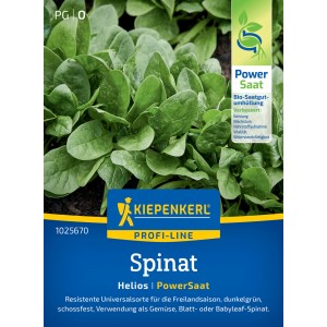 Kiepenkerl Spinat Helios Samenpackung mit Spinatpflanzen im Hintergrund.