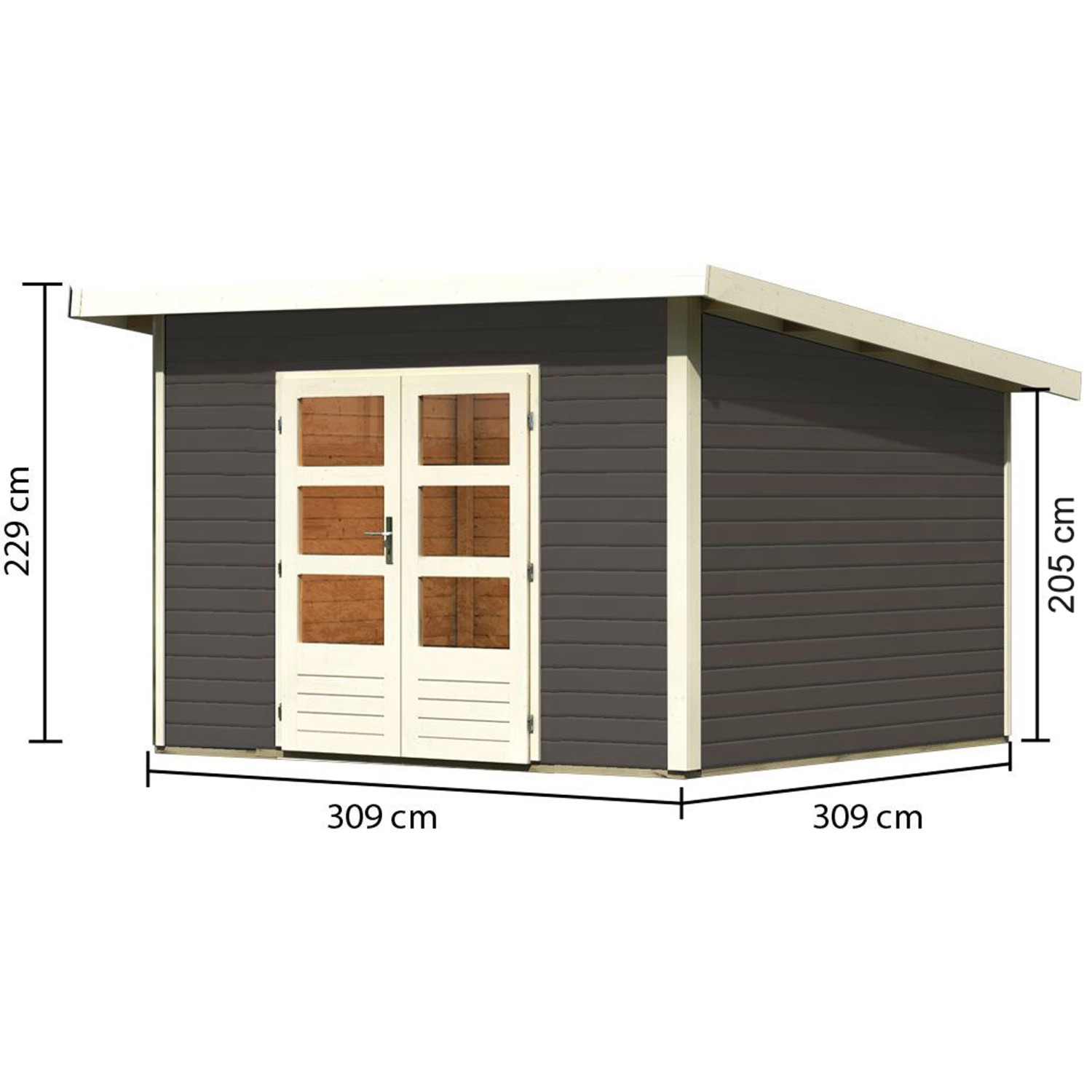 Karibu Holz-Gartenhaus Karlskoga 3 in Terragrau mit Pultdach, Ansicht von vorne mit Maßen.