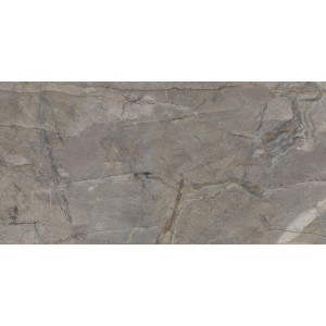 Graue, glasierte und polierte Feinsteinzeug Bodenfliese, 60x120 cm, mit Steinoptik.
