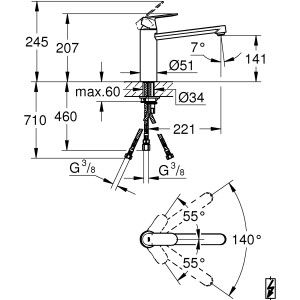 Technische Zeichnung: Grohe Eurosmart Cosmopolitan Küchenarmatur mit Maßen und Schwenkbereich.