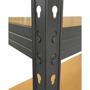 Detailaufnahme: Anthrazitfarbenes OBI Metall-Schwerlast-Steckregal mit MDF-Böden.
