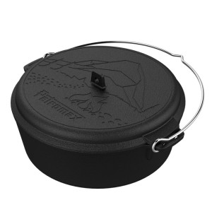 Schwarzer Petromax Feuertopf FT6 Essential (5,5 l) aus Gusseisen mit Deckel und Henkel, geeignet zum Kochen über offenem Feuer.