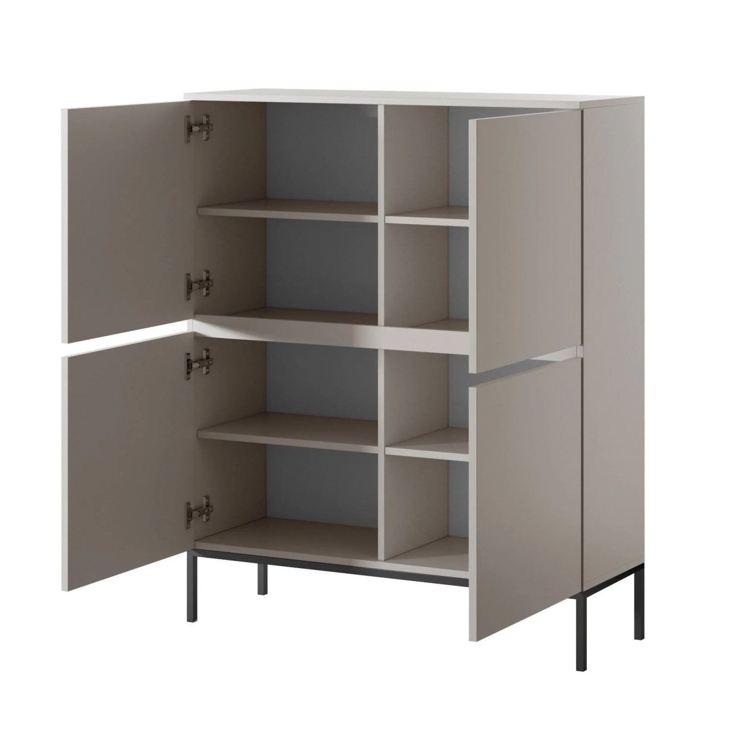 Kaschmirgraues Selsey Highboard Bemmi, 100 cm, mit offenen Türen, 8 Fächern und schwarzen Metallbeinen. Modernes Sideboard.