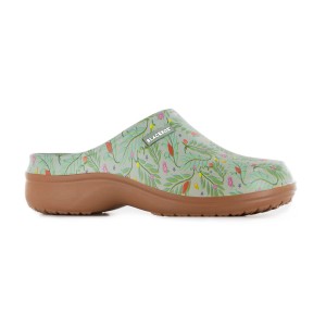 Grüne Blackfox Clogs Melody Gr. 36 mit Blumenmuster, ideal als Gartenbekleidung.