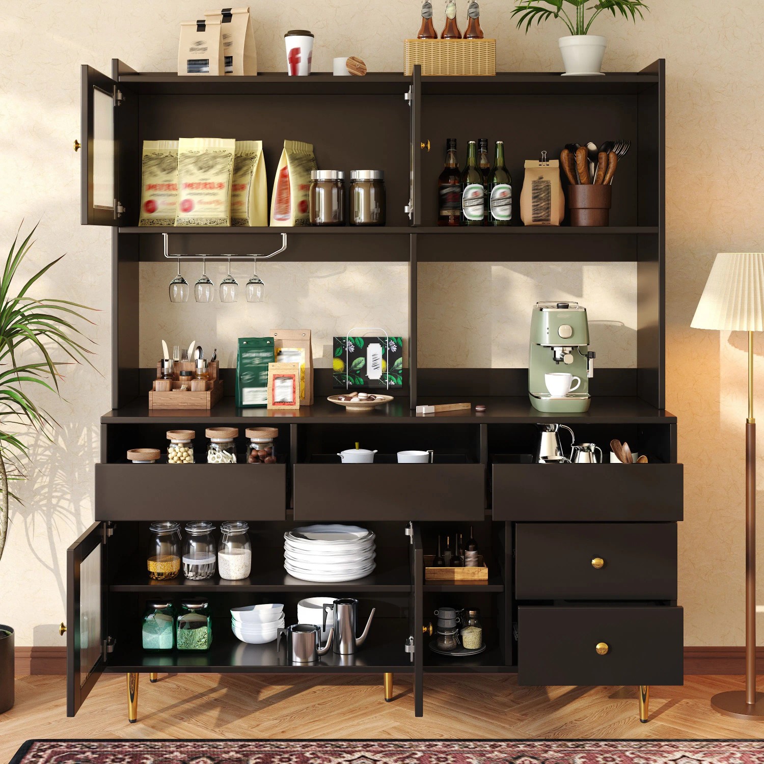 okwish Hochschrank mit Glastür Weinglasregal Restaurant 145x39x171cm Schwarz_3