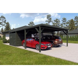 Holzbrüder Doppelcarport Ralf mit Geräteraum, dornengrün, zwei Autos parken darunter.