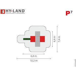 Draufsicht Hy-Land Spielgerät P7 mit Rutsche: Maße und Anordnung der Elemente.