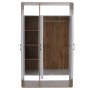 MCW Schrank P43, Wotan-Eiche-Optik/Weiß, 3 Türen offen mit Kleiderstange & Ablagefächern. Moderner Garderobenschrank.
