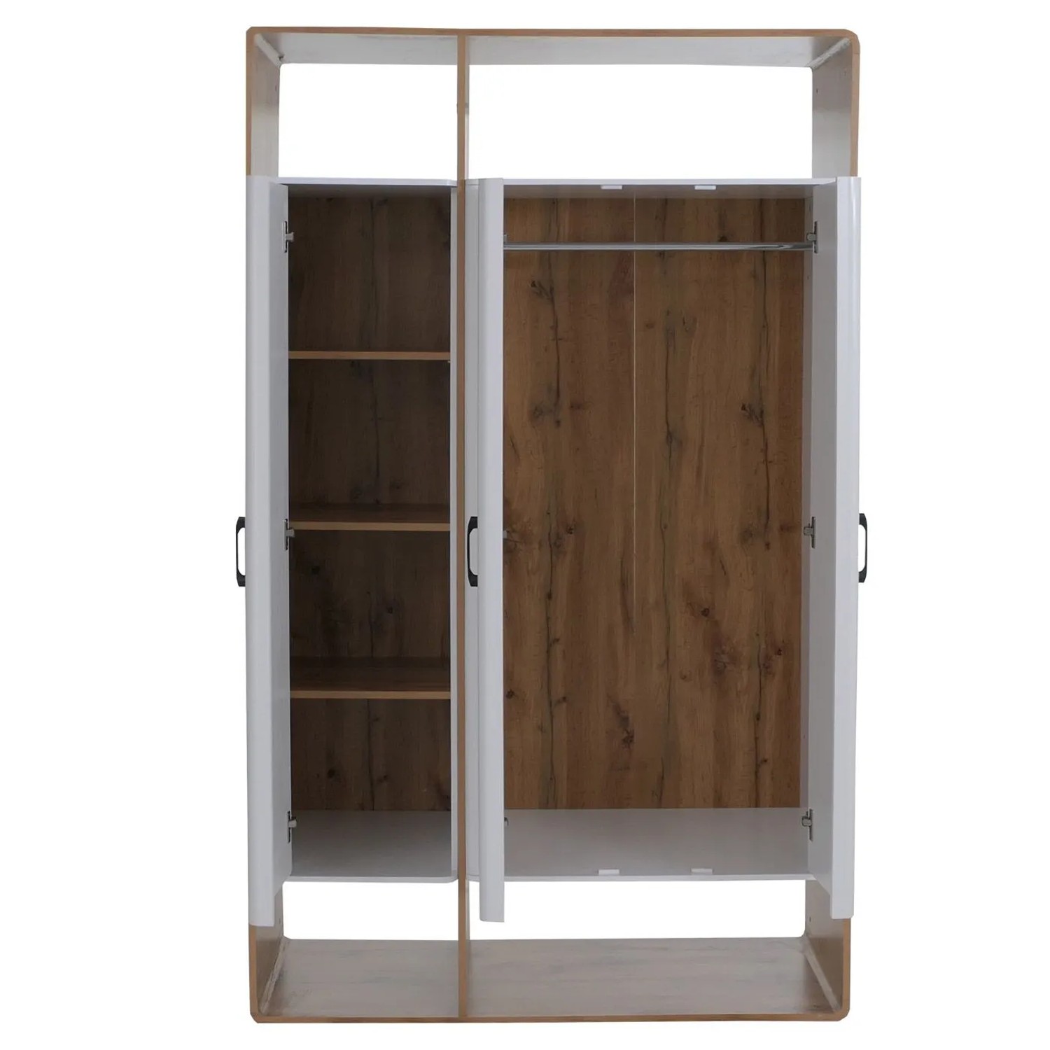 MCW Schrank P43, Wotan-Eiche-Optik/Weiß, 3 Türen offen mit Kleiderstange & Ablagefächern. Moderner Garderobenschrank.