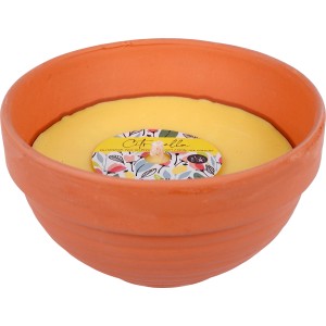 Citronella Kerze in hellgelber Tonschale, 13x7cm, für den Außenbereich.