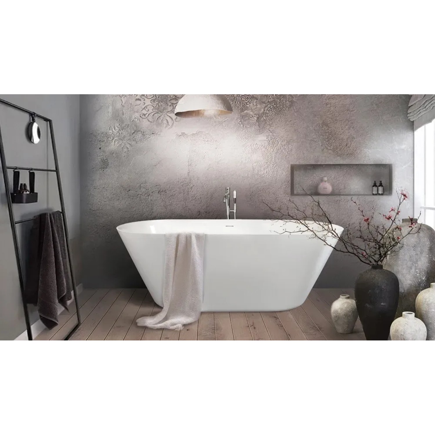 Freistehende, glänzend weiße PAA Badewanne Storia aus Mineralguss, 167 cm lang.