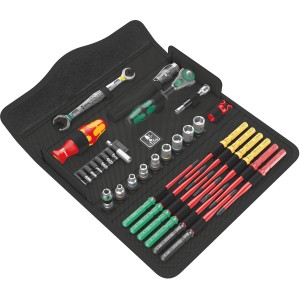 Wera Werkzeug-Set W 1 Kraftform Kompakt, 35-teilig, in geöffneter Werkzeugtasche.