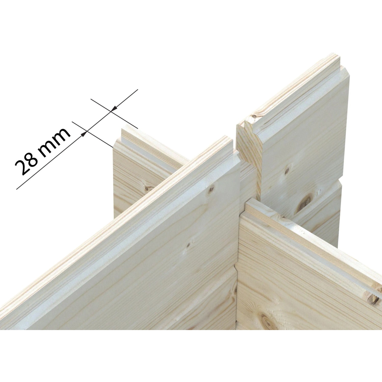 Detailaufnahme: 28 mm Blockbohlen des Palmako Holz-Pavillons Melanie mit Chaletschnitt-Eckverbindung.