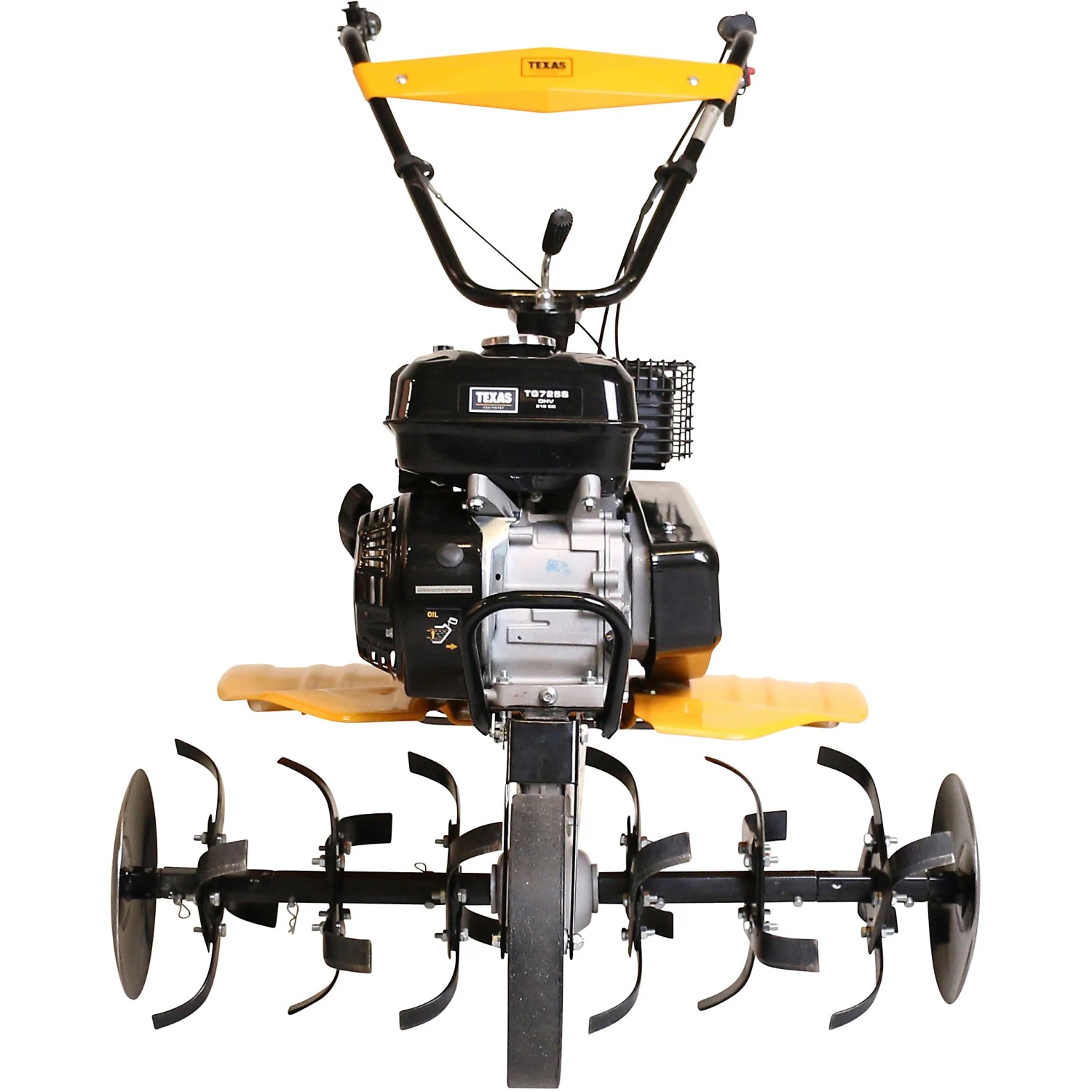 Texas Benzin-Motorhacke FX815TG: Leistungsstarke Gartenhacke mit gelbem Holm und schwarzen Hackmessern.