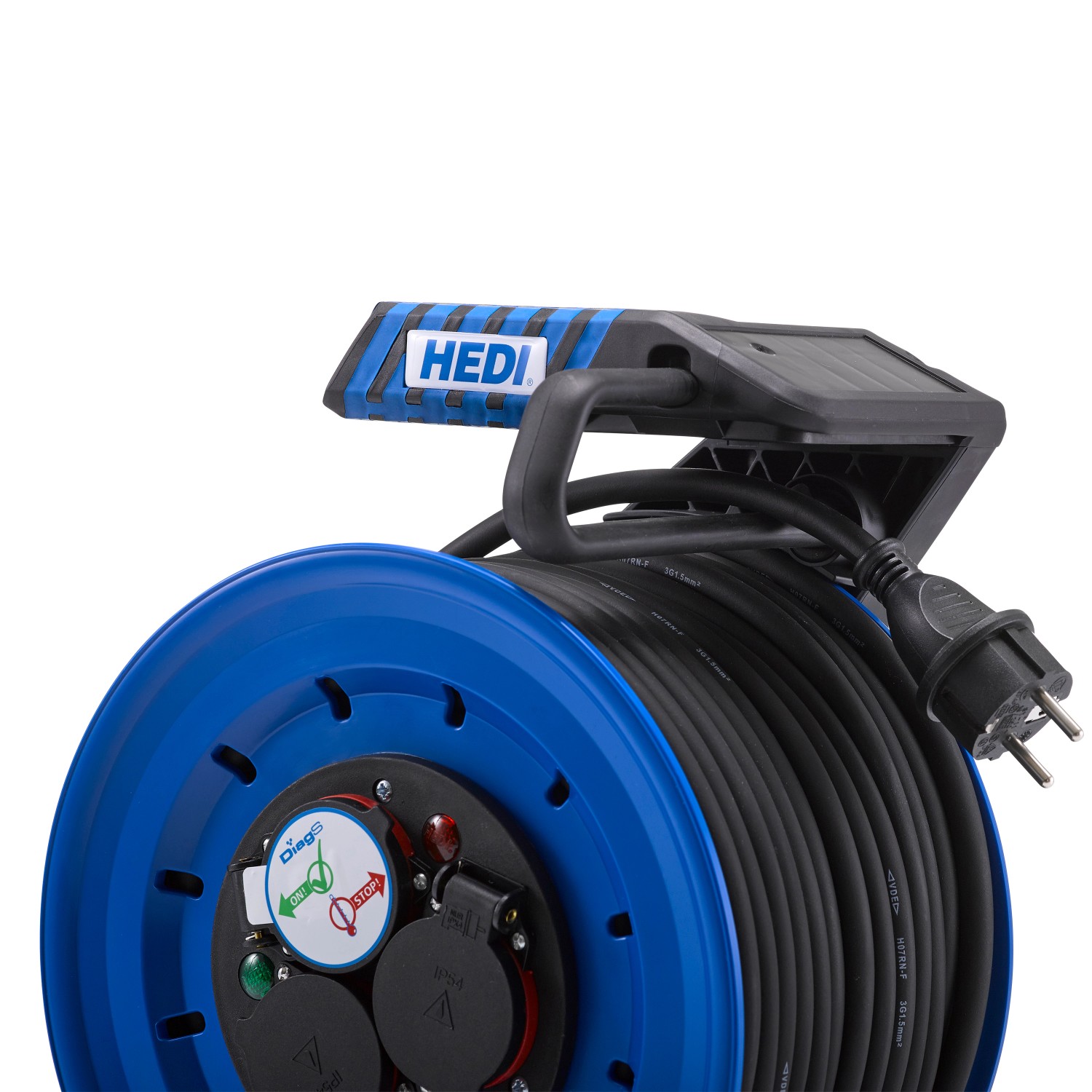 Blaue HEDI Kabeltrommel Generation 7 Companion K7A40NTF mit 40 m Kabel und Schutzkontakt-Steckdose.