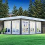 Unbehandeltes Alpholz Gartenhaus Viva B mit Flachdach und Anbaudach im Garten.